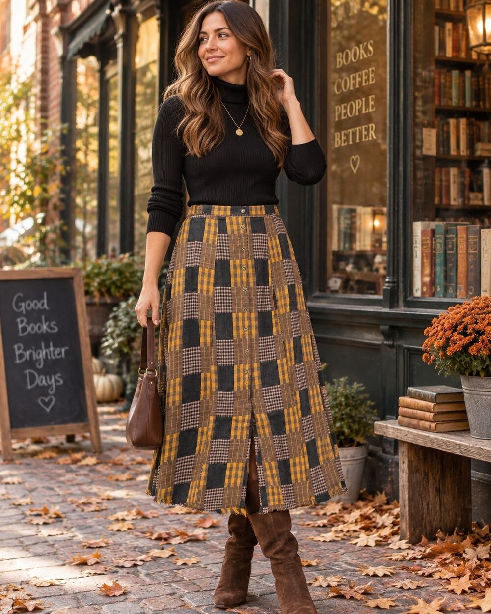 Mystree Women’s Medium Patchwork Plaid Cotton Midi Skirt Faux Button Frayed Hem